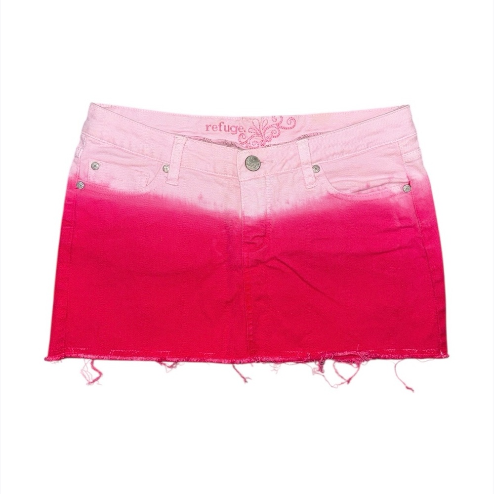 Y2K Refuge Pink Ombré Low Rise Micro Mini Denim Skirt Juniors 7 Raw Hem 2000s